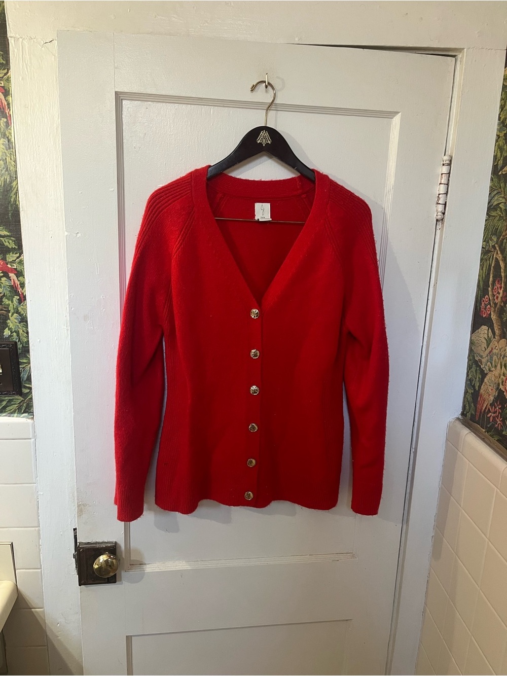 Joie Red V-Neck Cardigan Sweater Gold Buttons Size Large EUC